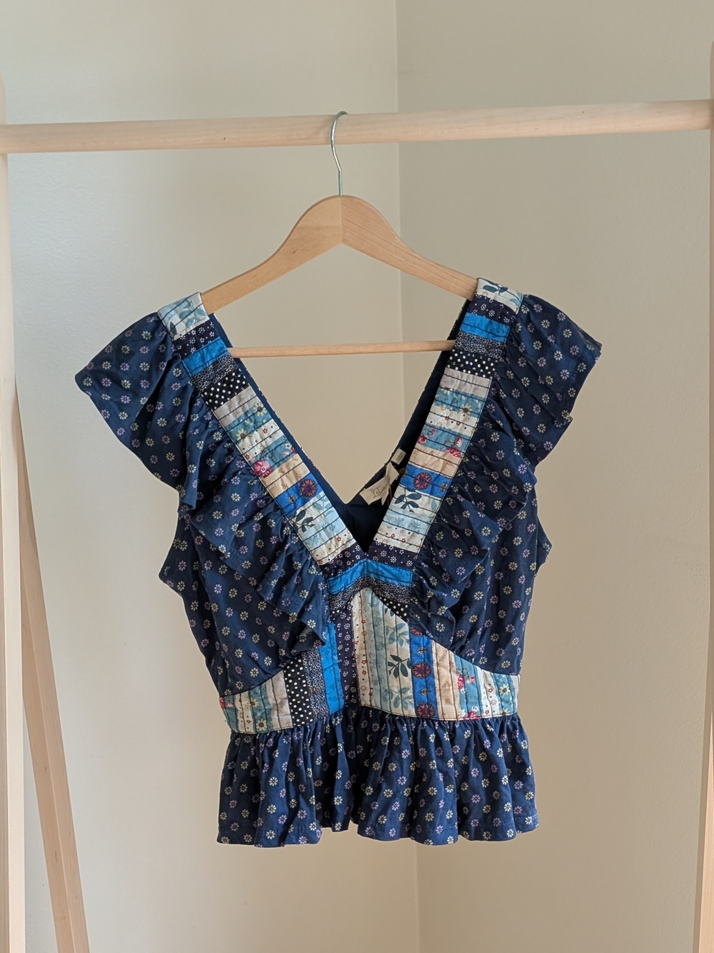NWT Anthropologie Let Me Be Patchwork V-neck Peplum Blouse In Navy - S - Picture 4 of 10